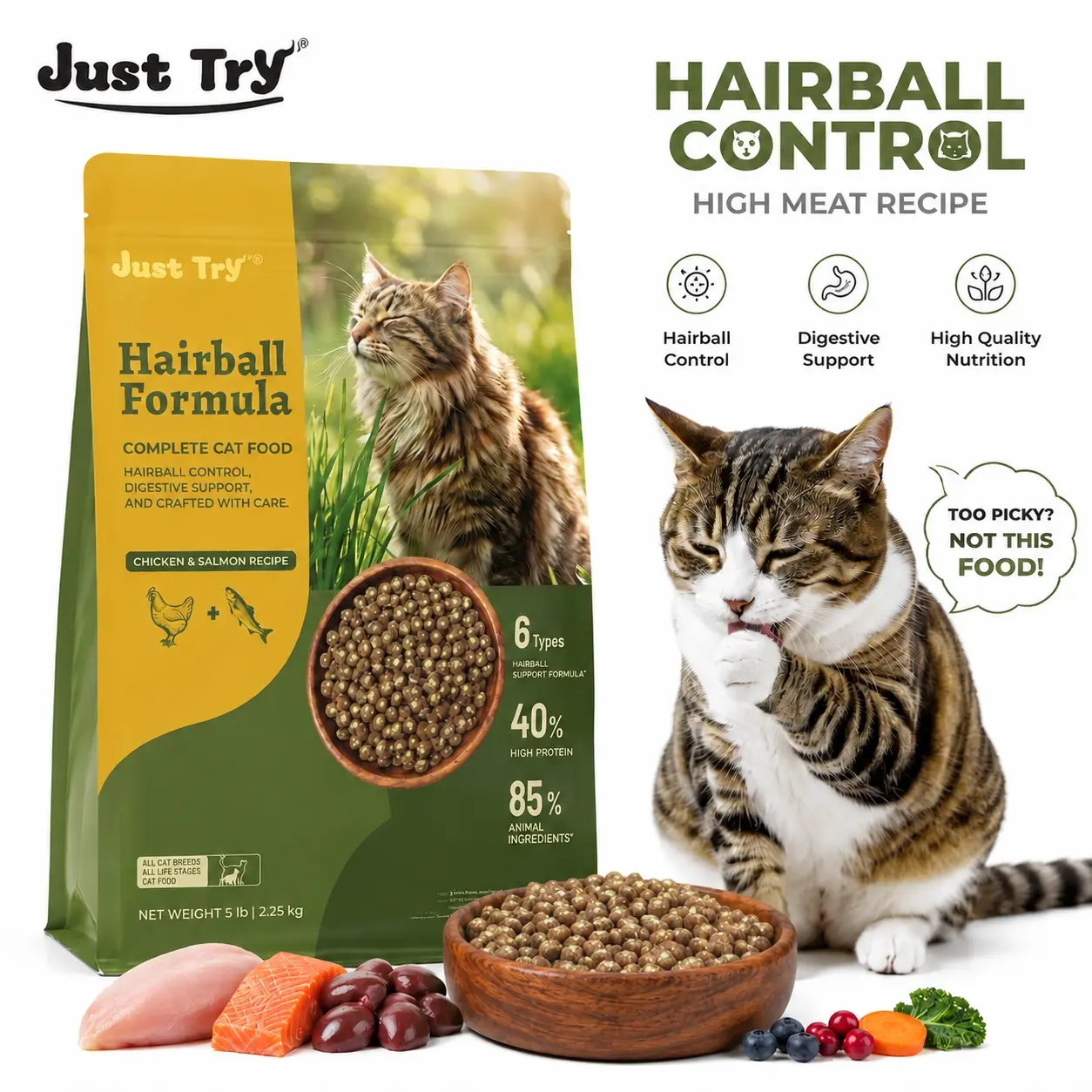 Just Try Grain-Free Dry Cat Food, 5 lb - 40% Protein from Salmon & Chicken, Hairball Aid with Cat Grass, Pumpkin, Taurine, Psyllium Husk & Cranberry, Supports Digestive Health, Dry Food