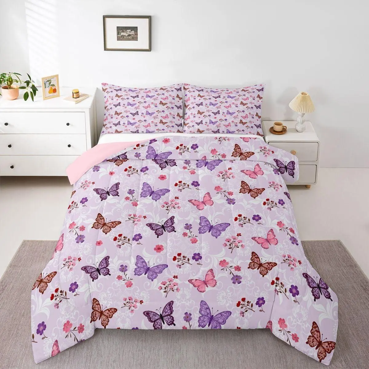 Butterfly Floral Comforter Set,Pink Purple Butterflies Bedding Set for Girls Kids Boho Paisley Flower Comforter Garden Cottagecore Duvet Insert All Season