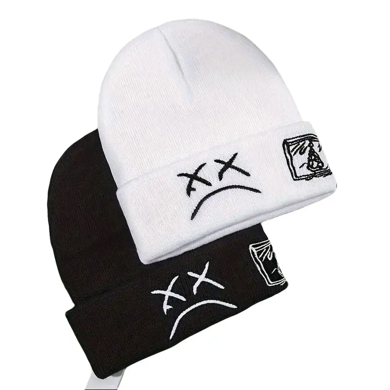 Unisex Graphic Embroidered Knit Beanie - Hip Hop Cuffed Skull Cap, Warm Winter Street Sports Headwear, Black & White Machine-Washable Hat for Male & Female, Father's Day Gift, Cuffed Street Fit,back to school,back to school haul
