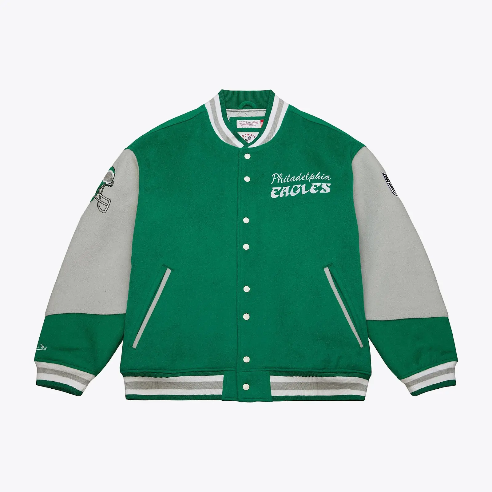 Philadelphia Eagles Kelly Green Vintage Full-Snap Varsity Jacket - Mitchell & Ness NFL Throwback, Retro Varsity Jacket Coats Embroidered