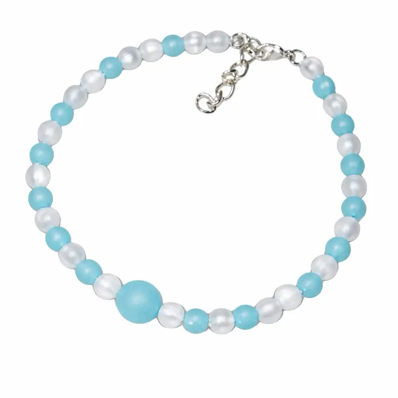 Simple Blue and White Handmade Beaded Bracelet on Stretch Cord with Chain for Adjustment
