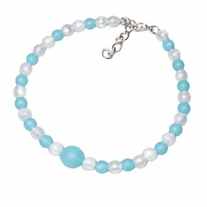 Simple Blue and White Handmade Beaded Bracelet on Stretch Cord with Chain for Adjustment