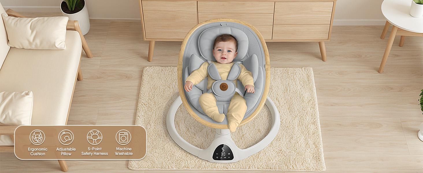 BabyBond Bluetooth Electric Baby Swing for Infants & Newborns, 3Gear & 5-Speed Portable Baby Rocker with 12 Songs, Indoor/Outdoor Automatic Baby Swing, Ideal Baby Shower Gift for Boys & Girls (Woodgrain Design)