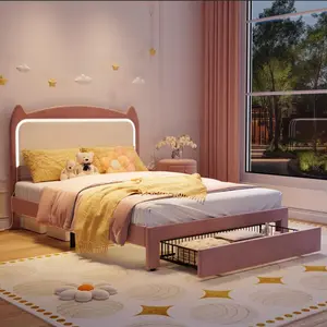 [GAOMON]Full/Twin Size Bed Frame with Cat Headboard, Platform Bed Frame with GRB LED Lights, Storage Drawer & Strong Wood Slats Support, Noise Free, No Box Spring Needed, Easy Assembly