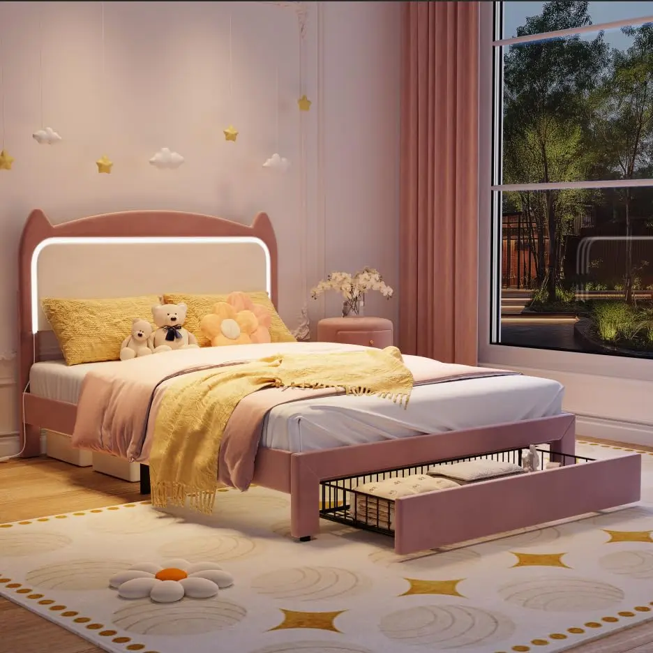 GAOMON Full/Twin Size Metal Platform Bed Frame with Cat Headboard, RGB LEDs, Storage Drawers for Storage Organization, Strong Wood Slat Support, Noise-Free Design, No Box Spring Needed, Easy Assembly
