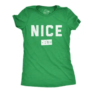 Womens Nice Ish T Shirt Funny Xmas Party Santas List Joke Tee for Ladies Funny Womens T Shirts Cute Vintage Fashion Casual Ladies T-Shirt Gift Christmas Tops for Women Funny Sarcastic Top Women's Novelty Tees Green -