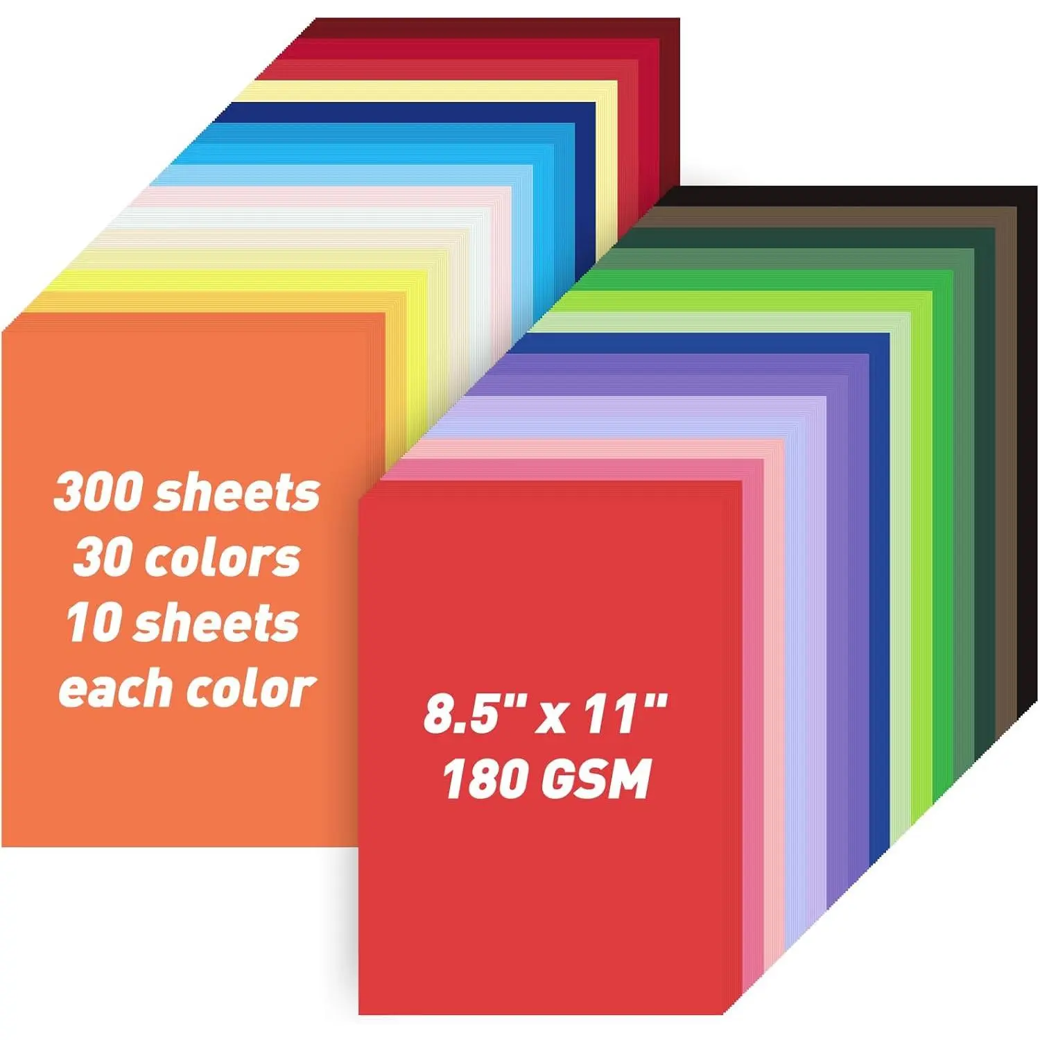 8.5inch x 11inch Acid-Free Virgin Pulp Craft Cardstock Bulk - 300 Sheets, 30 Assorted Colors, 180 GSM, Cricut-Compatible Printer Paper for Adults, Art Lovers, DIY Scrapbooking & Stamping Projects