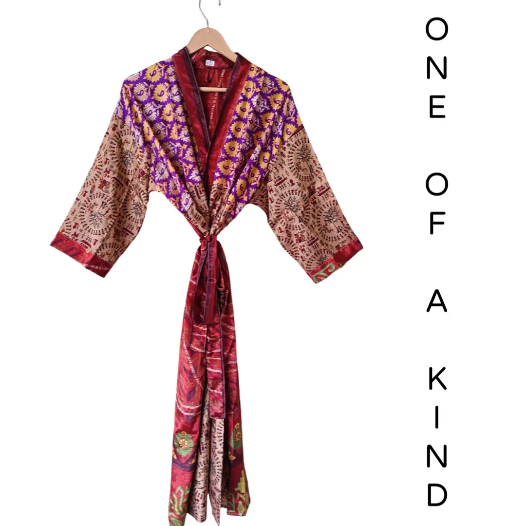 Recycled Silk Vintage Kimono - Magenta, Cream, Red, Pink