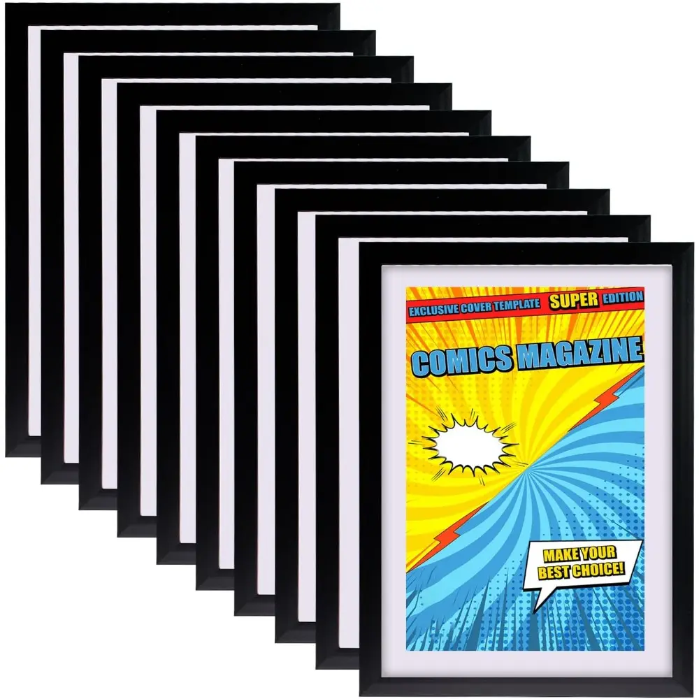 10 Pack Comic Book Frame, UV Protection, with Installed Spring Clips and Hangers,Picture Magazine Frames Fits up to 6 3/4" x 10 1/4", for Wall or Tabletop Display(Black and White Mat) Decor Photo