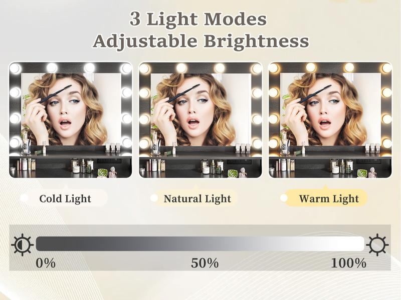 Hollywood Vanity with Mirror and Lights, Makeup Vanity Desk with 5 Fabric Drawers & Power Outlet, 3 Lighting Modes Adjustable Brightness, Bedroom Dressing Table Hollywood Vanity with Mirror and Lights, Makeup Vanity Desk with 5 Fabric Drawers & Power Outlet, 3 Lighting Modes Adjustable Brightness, Bedroom Dressing Table