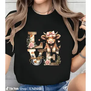 Charming Highland Cow Floral Tee with Horseshoe Bow - Perfect Farm Lover Gift