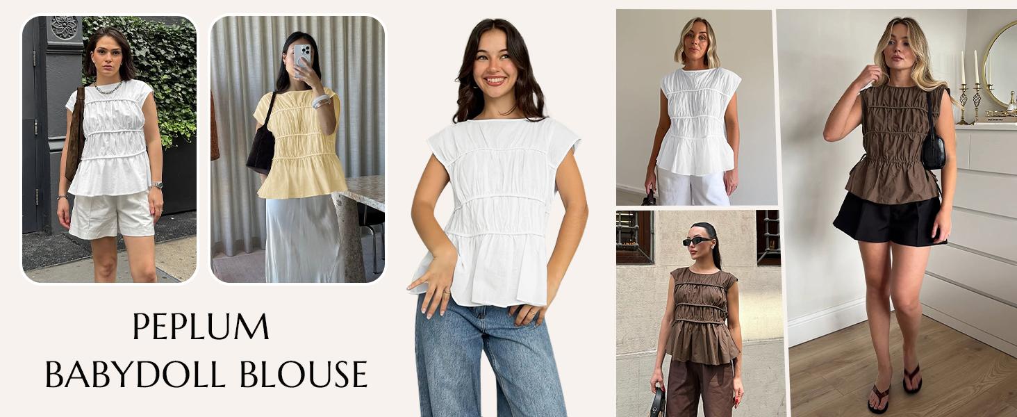 Cicy Bell Womens Cap Sleeve Peplum Tank Tops Summer Babydoll Smocked Cotton Shirts Casual Crew Neck Pleated Blouse Cicy Bell Womens Cap Sleeve Peplum Tank Tops Summer Babydoll Smocked Cotton Shirts Casual Crew Neck Pleated Blouse