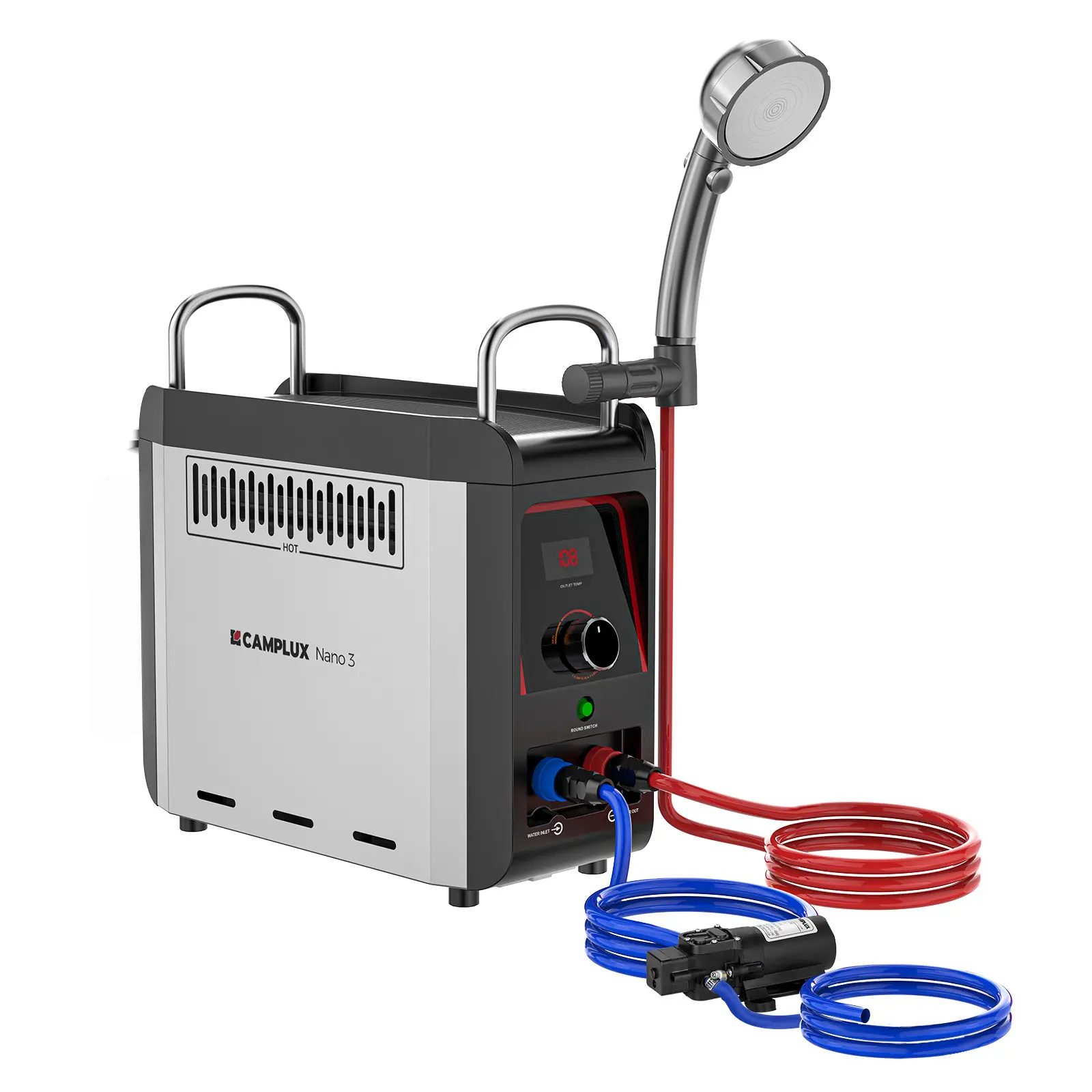 CAMPLUX Nano 3 Portable Propane Tankless Water Heater, Lightweight Compact 13 lbs Camping Shower System with Pump Kit & Hose, Instant Hot Water for RV Camping & Off Grid Adventures (Camping Equipment), Uses Batteries