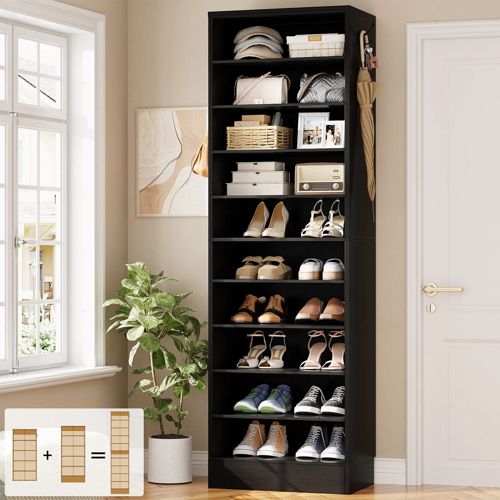 iSunirm Tall Shoe Cabinet, 10 Tiers Narrow Wood Shoe Rack, Shoe Storage Organizer with Open Storage, Vertical Shoe Shelf Tower for 20-22 Pairs, Space Saving, for Closet, Entryway, Bedroom,dorm essentials,home decor