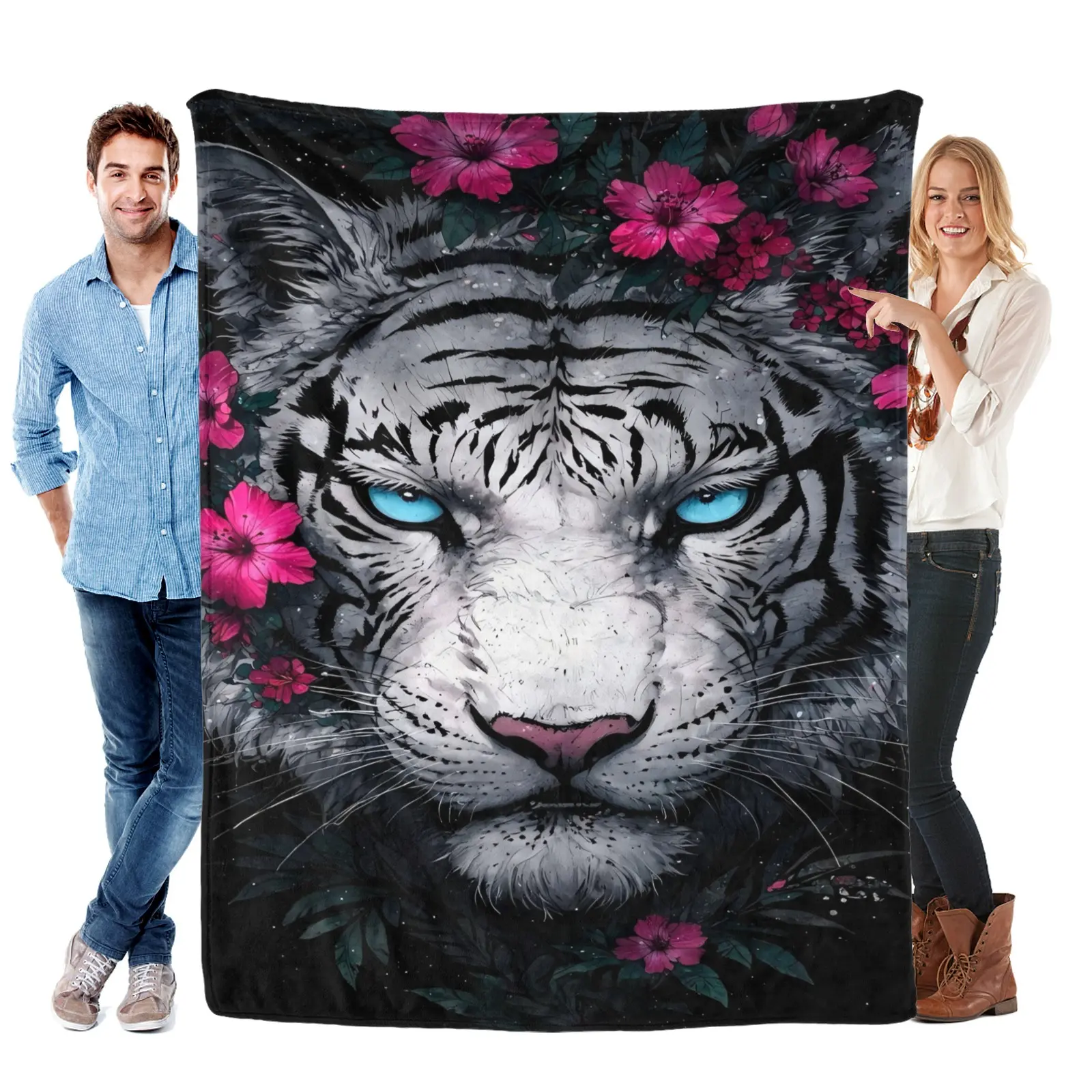 White Tiger Lover Gift Soft Cozy Flannel Blanket - Cool White Tiger with Pink Flowers Print Plush Throw, Warm Fuzzy Bedroom Sofa Blanket, Perfect Gift for Tiger Fans Women Men Teens for Birthday Holiday Home Decor
