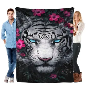 White Tiger Lover Gift Soft Cozy Flannel Blanket - Cool White Tiger with Pink Flowers Print Plush Throw, Warm Fuzzy Bedroom Sofa Blanket, Perfect Gift for Tiger Fans Women Men Teens for Birthday Holiday Home Decor