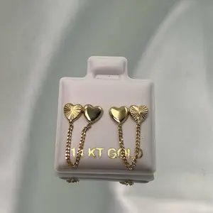 14K Gold Double Heart Chain Screwback Earrings - Elegant Heart Design with Secure Screwback Closure