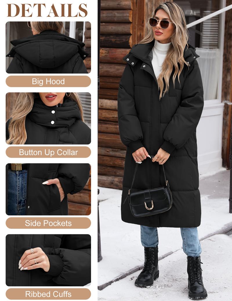 HEEKPEK Women's Long Quilted Jacket with Hood, Black Minimalist Padded Coat for Winter, Fitted with Pockets & Zip-Up Closure, Casual Fitted Long Sleeve Tops #outdoorfun
