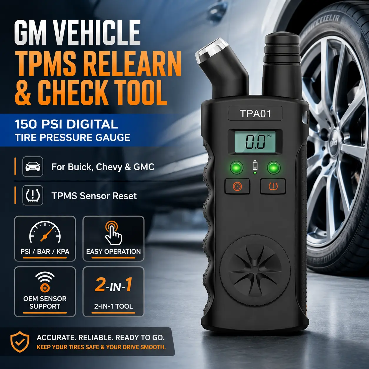 GM Group Vehicles TPMS Relearn-Check Tool TPA01, 150 PSI/Bar/KPA Digital Tire Pressure Monitoring Gauge with Accurate Readings, Car Repair Tool for Buick, Chevy, GMC Sensor Reset, Motorcycle