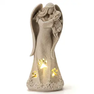 ILoveU Memorial Gifts for Pet Loss Hand-Sculpted Dog Sympathy Gifts in Granite with Angel Design and Lighted Paw Prints