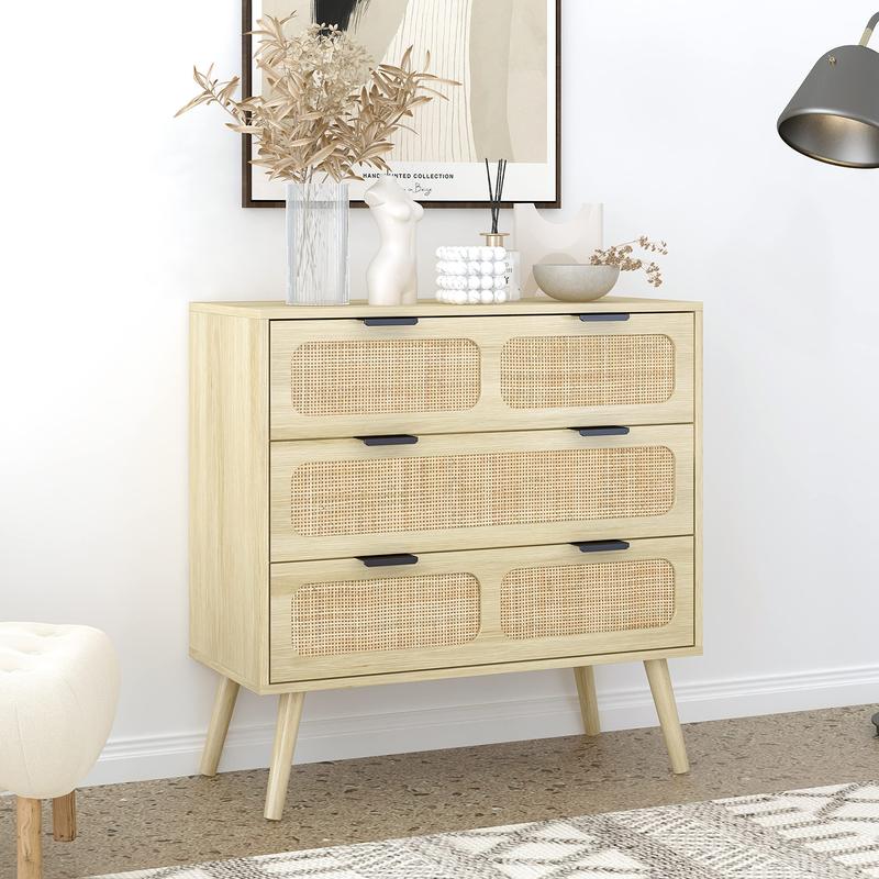Giratree 3 Drawer Dresser, Modern Rattan Dresser Chest with Wide Drawers and Metal Handles, Farmhouse Wood Storage Chest of Drawers for Bedroom, Living Room, Hallway, Entryway