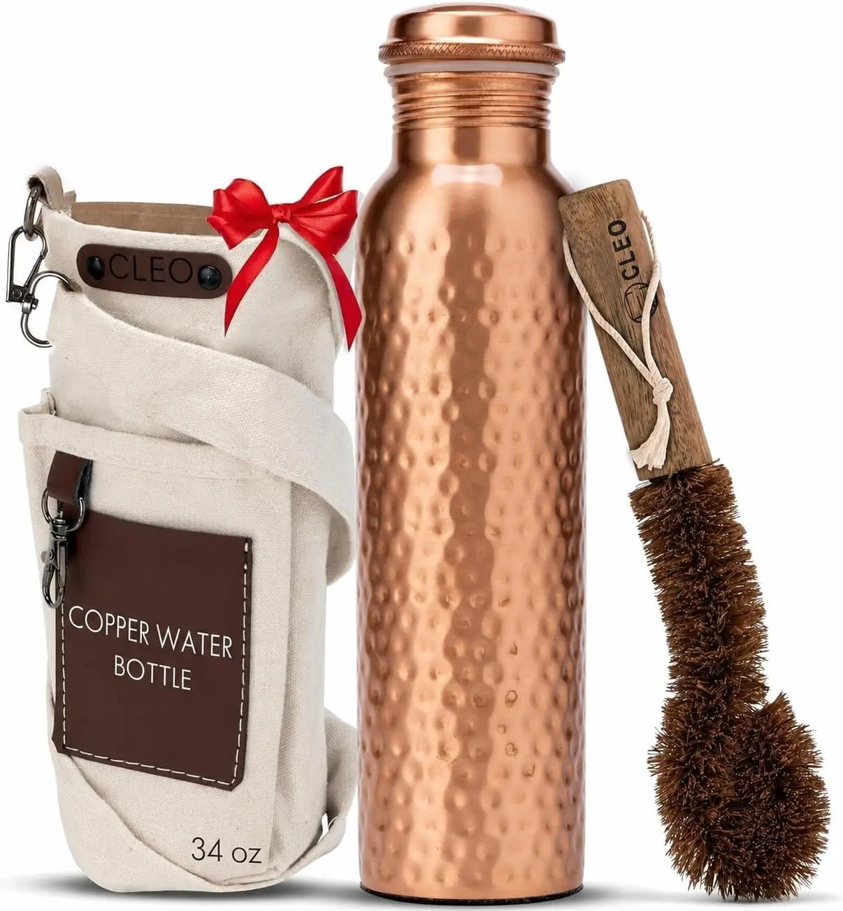 100% Pure Copper Water Bottle for Drinking, 34 Oz Hammered Ayurvedic Copper Bottle for Drinking Water | Leak-Proof & Eco-Friendly | For Yoga, Office, Travel with Canvas Carry Bag & Brush
