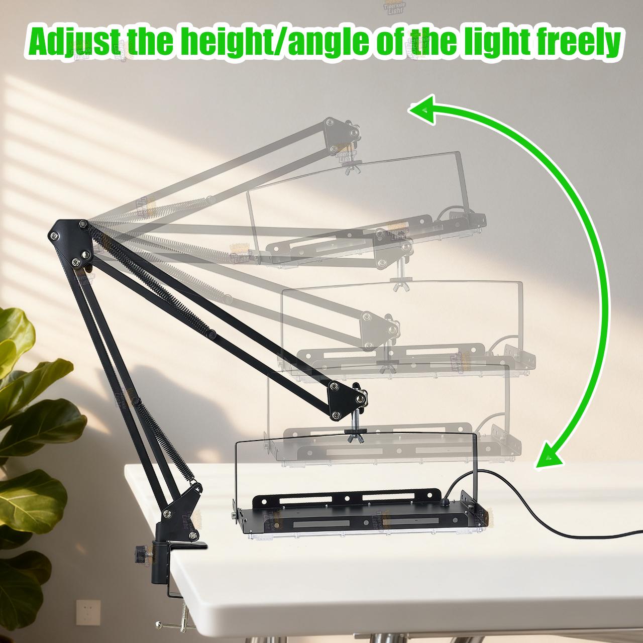 LED work light 6000K with desktop stand, adjustable height/angle, with 96/144 high-bright white light beads and USB plug and switch and 150cm power cord, suitable for workshop, warehouse, office desk lighting.