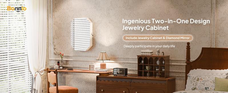 Bonnlo Modern Diamond-Shaped Jewelry Armoire, Lockable Octagonal Jewelry Cabinet Organizer with Mirror, Wall Mounted for Space Saving