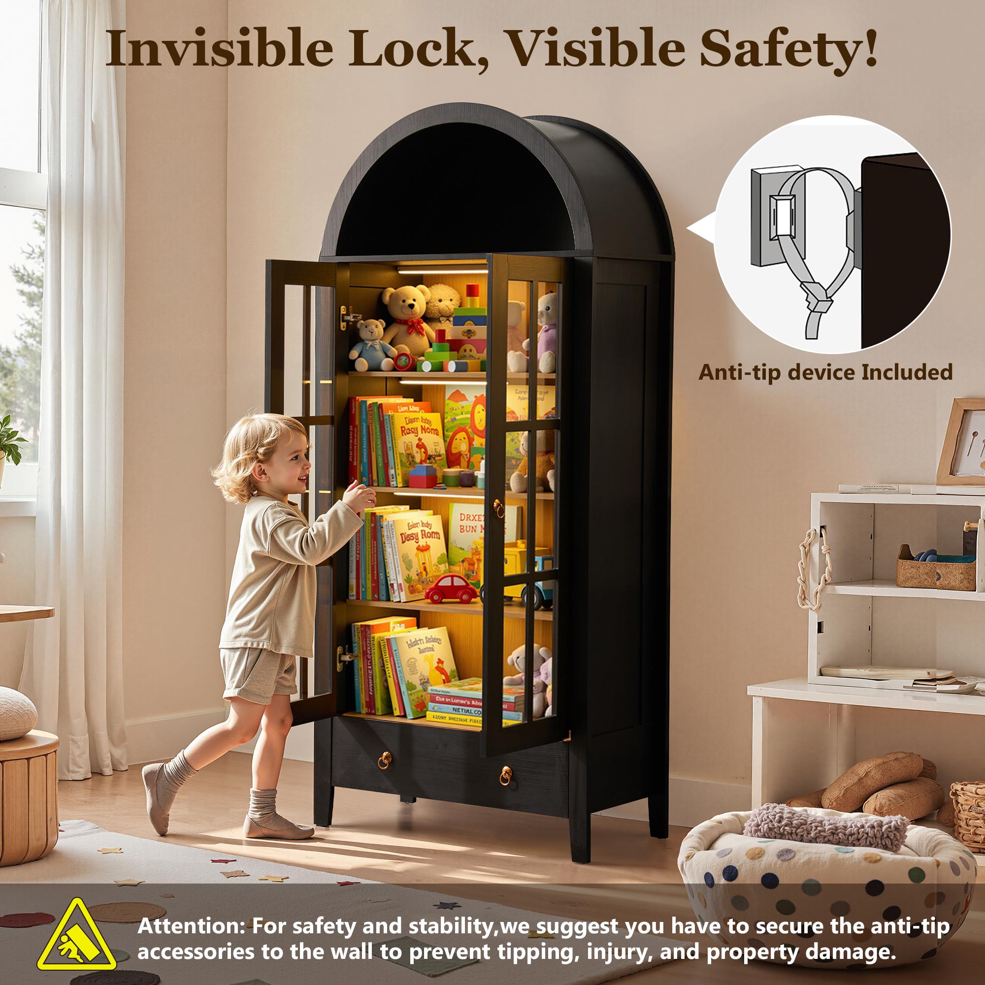 【Stock Up Sale】Ovios 71" Tall Arched Kitchen Pantry with Glass Door & Magnetic LED Lights, Modern Farmhouse Deep-Drawer Livingroom Storage Cabinet, Eco Wood Panel, Cupboard for Kitchen/Dining/Bathroom/Toy