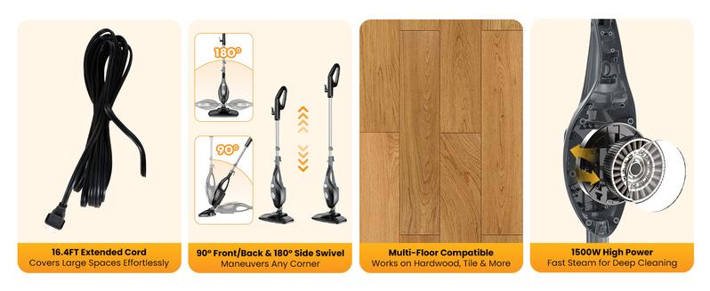 10-in-1 Steam Mop, 1550W Detachable Handheld Steam Cleaner for Floor Cleaning, 16FT Cord, 2 Washable Pads, Multi-Purpose Floor Steamer for Hardwood, Carpet, Tile, Grout, Windows
