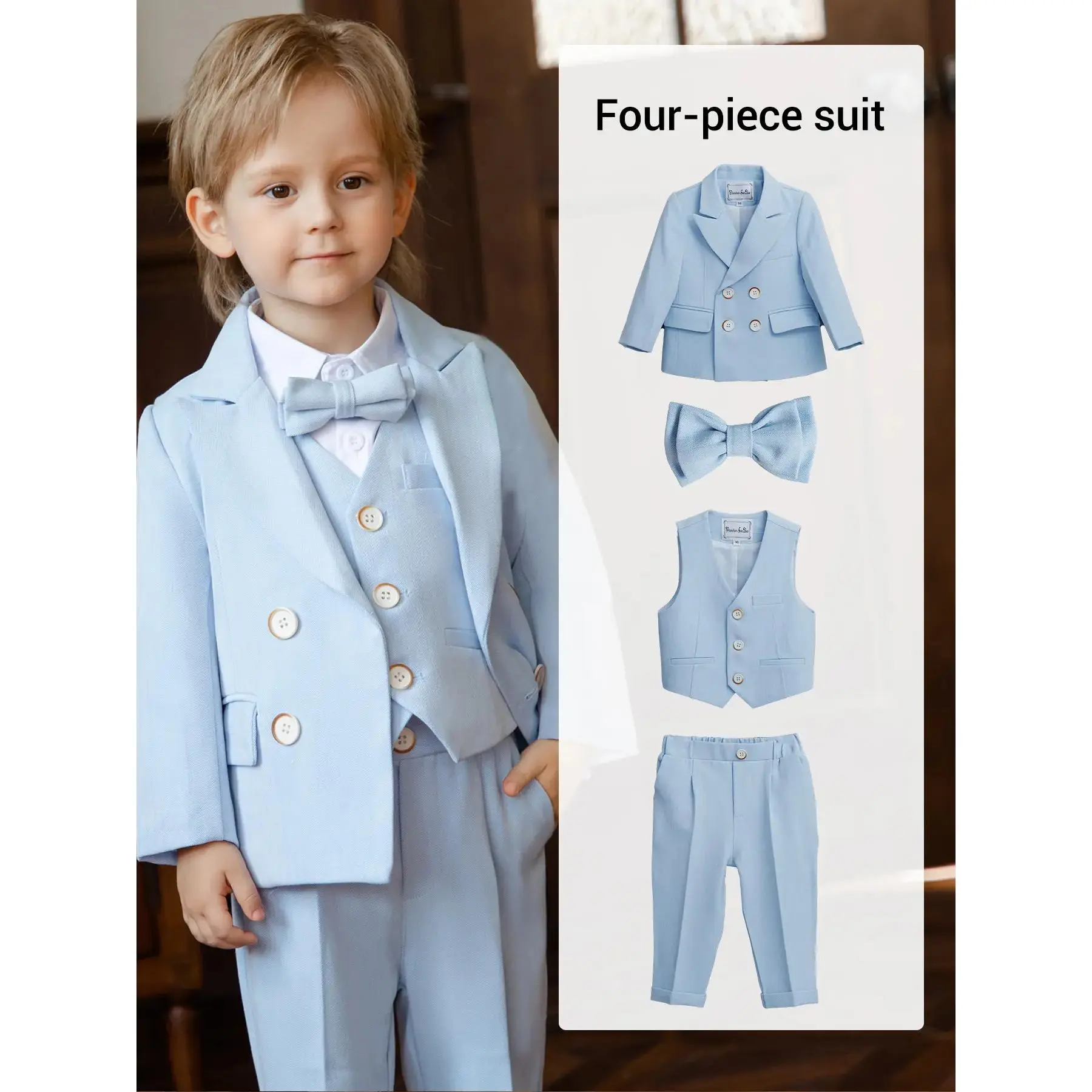 Boys 4-Piece School Formal Suit Blazer Vest Pants Tie Durable Wrinkle-Resistant Fabric Classic Tailoring Ideal for Ceremonies Parent-Teacher Meetings Class Photos Blue Pink Green XT8896