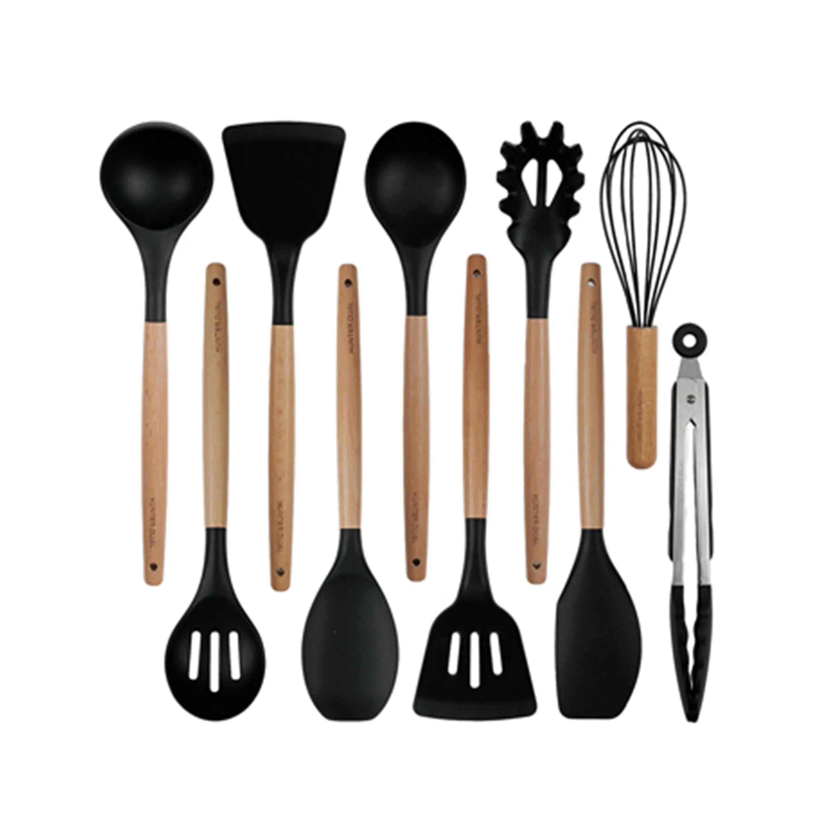 NULAS Silicone Cooking Utensils Set 10 Pcs - BPA Free Kitchen Utensil Set with Heat-Resistant Wood Handles, Non-Scratch Spatula Set Safe for Nonstick Cookware (Black) summerwins,home essentials