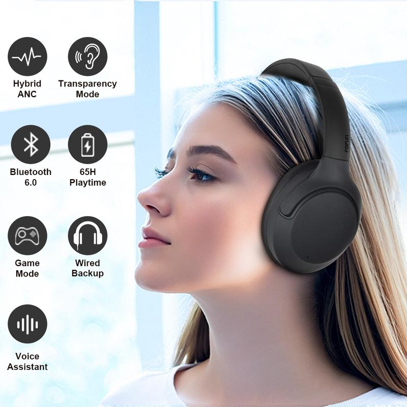 FoFun Multifunctional NC50 Hybrid ANC Wireless Headphones, Built-in Mic, Low Latency,Be aware of safety mode,Custom EQ, Over-Ear, Android/iPhone