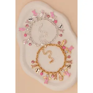 Audrey Breast Cancer Awareness Charm Bracelet with Pink Ribbons