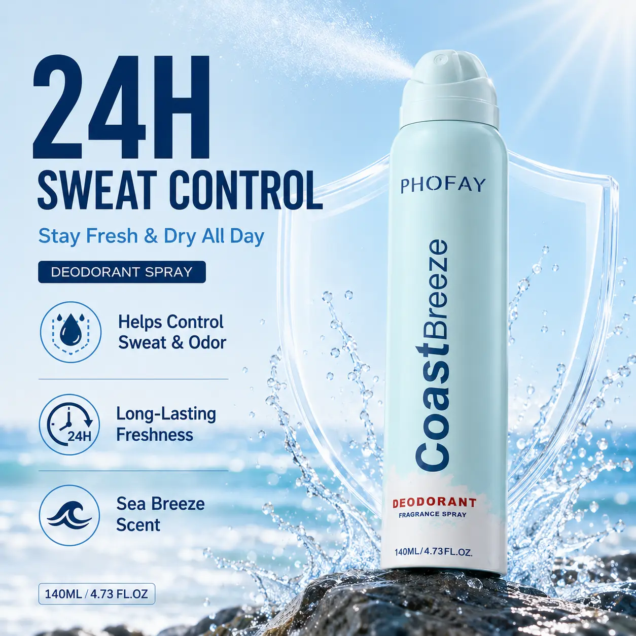 Men's CoastBreeze All-Over Aerosol Deodorant Spray - Male Body Deodorizer, 24H Sweat & Odor Protection, Sea Breeze Fresh Scent, Persimmon & Natural Plant Extracts, Non-Staining, Ideal for Travel & Workouts, Outdoor Activities, 140Ml, Spray For Underarms T