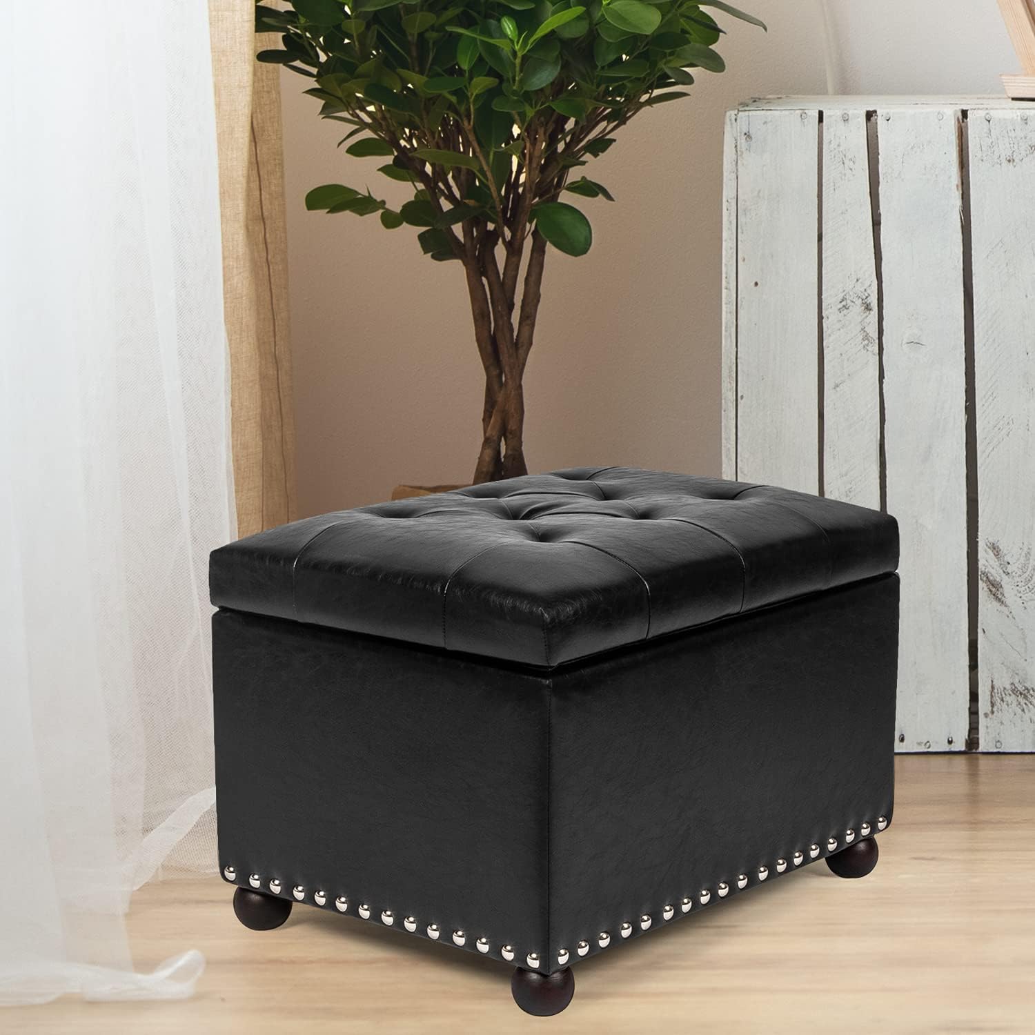 Adeco Rectangular Storage Ottoman, PU Leather Tufted Storage Bench with Lift Off Lid, Coffee Table Footrest Seat for Living Room Bedroom