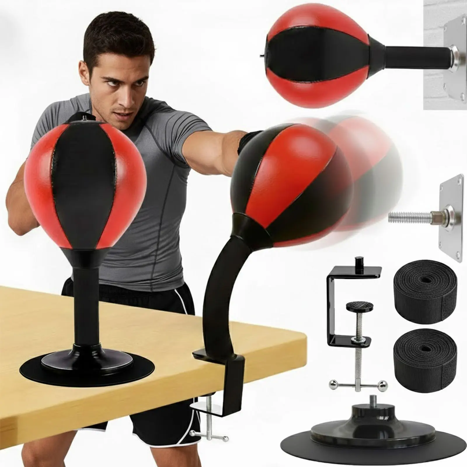 Compact PU Leather Inflatable Punching Pedestal Bag - Portable Desktop Pedestal Punch Bag with Strong Suction Cup, Desk Clamp, Soft PU Leather Ball, Easy to Set Up for Boxing Training Equipment