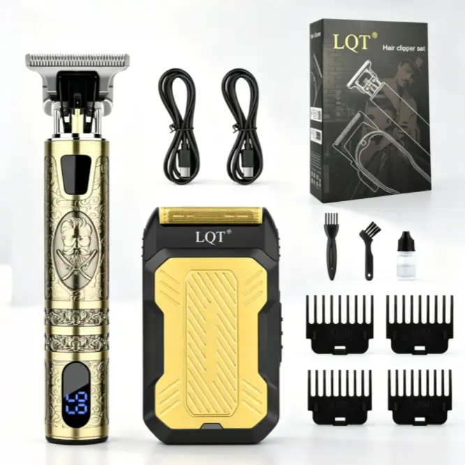 LQT Vintage Gold 2-in-1 Cordless Barber Kit - Digital T-Blade Detail Trimmer & Foil Shaver with 4 Size Guide Combs, Dual USB Charging Cables, Cleaning Brushes, Gift Box