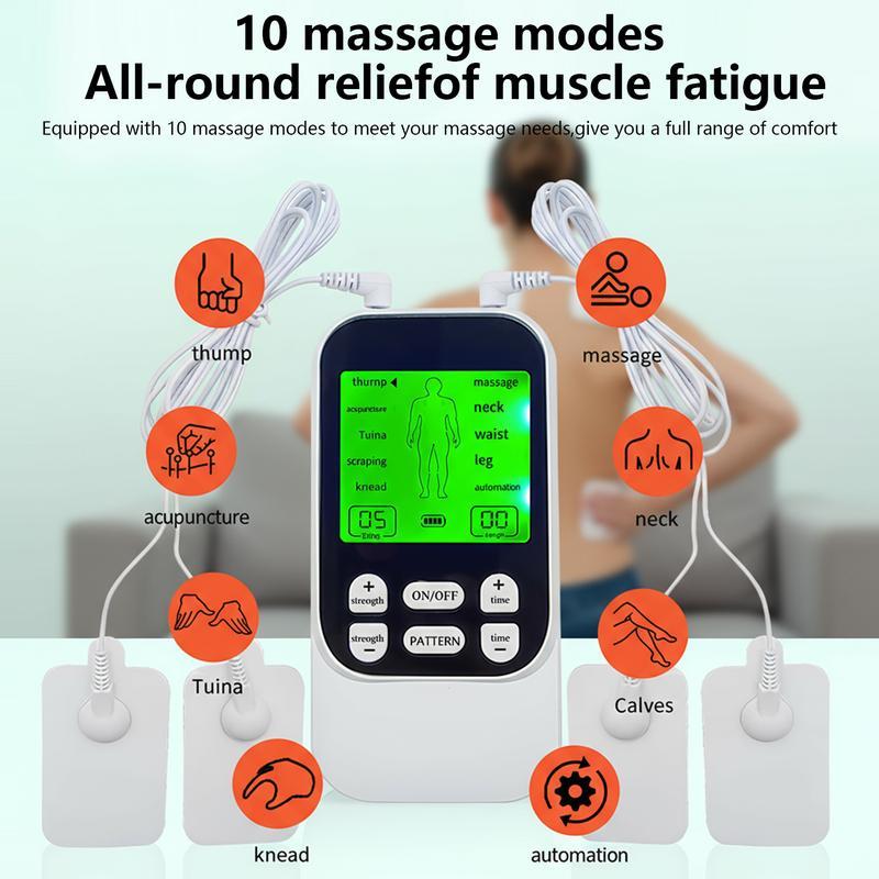TENS EMS Muscle Stimulator – 10 Modes, Dual Channel, 30 Intensity Levels, Compact & Rechargeable, For Back, Neck & Shoulder, 4 Electrode Pads