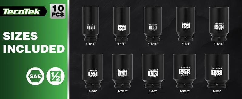 1/2" Drive Deep 6-Point Impact Socket Set, 10-Piece Deep SAE Spindle Axle Nut Impact Socket Set, Cr-Mo, 1-1/16-Inch to 1-5/8-Inch Size, Enhanced Storage Case