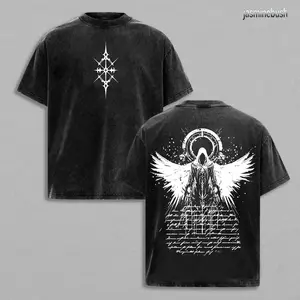 Washed Black Oversized T-Shirt – Fallen Angel Wings & Halo Art
