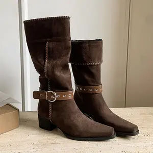 Women's Black Knee High Boots Low Heel Western Motorcycle Style Round Casual Daily Boots