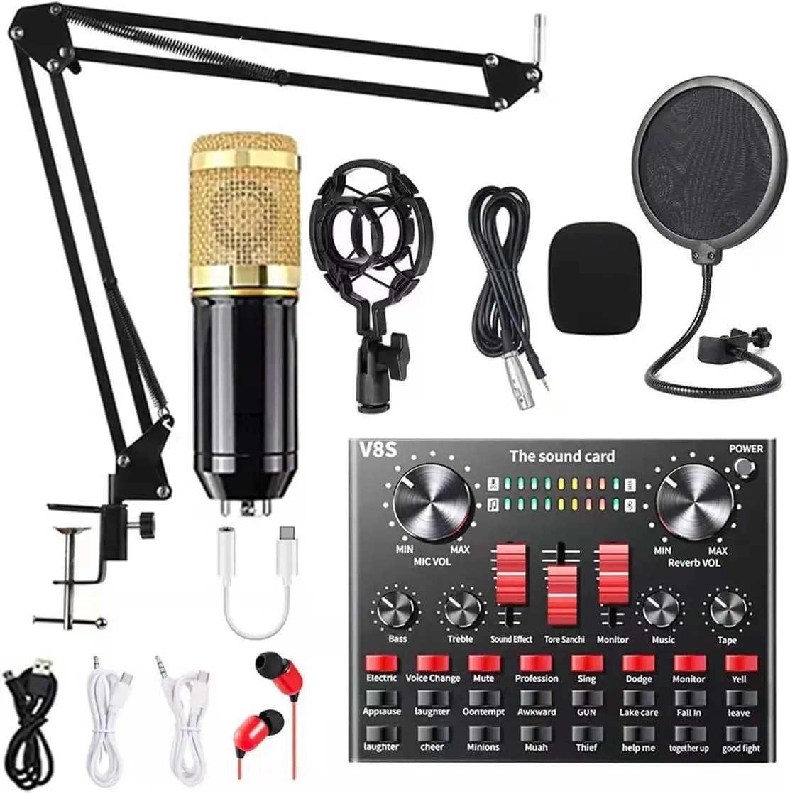 Wireless Microphone Bundle, BM800 Condenser Mic with V8S/V8K Sound Card & Bluetooth 2.1, 65 Sound Effects 8 Voice Modes, 2000mAh Battery for Podcasting Streaming Singing on PC Mac Mobile (Black Gold) sohochic