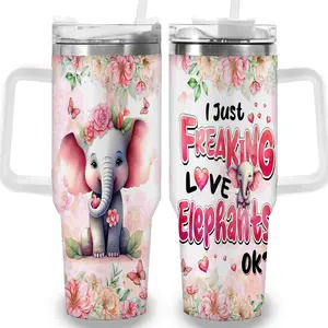 1pc 40oz Floral Elephant Love Tumbler with Lid, Insulated Travel Mug, Gift for Women Men, Ideal for Halloween, Independence Day, Memorial Birthday Gift, Coffee Cup, weird stuff