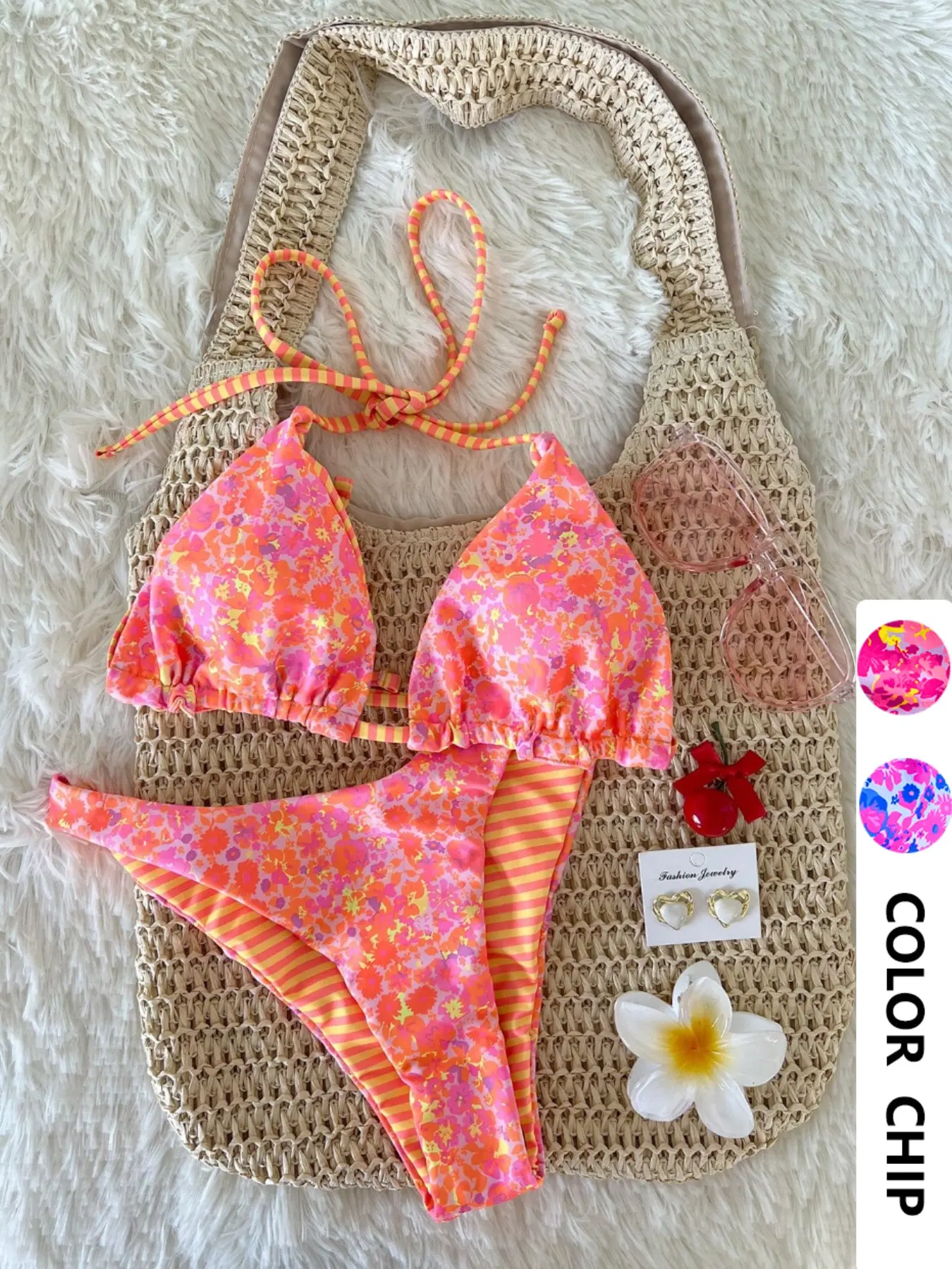 Women's Two-Piece Bikini Swimsuit Set, Floral Print Swimsuits, Printed Bikini, Beach Bikinis, Vacation Beachwear, Comfortable Fit, Sexy Tie-Neck Ditsy Floral Stripe Design, Ideal for Pool Parties, Swimsuit Summer, Bikini Sets