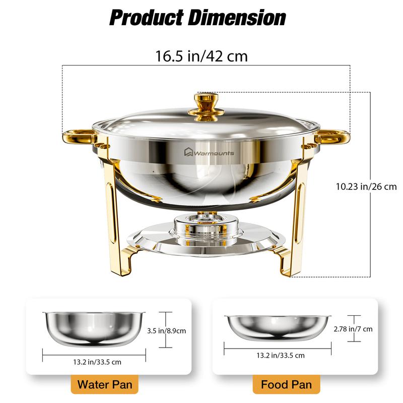 WARMOUNTS 5QT Elegant Gold Chafing Dish - Round Stainless Steel Buffet Warmers with Cut-Resistant Rims & Lid Holder for Wedding Catering & Party&Holiday Feasts Events