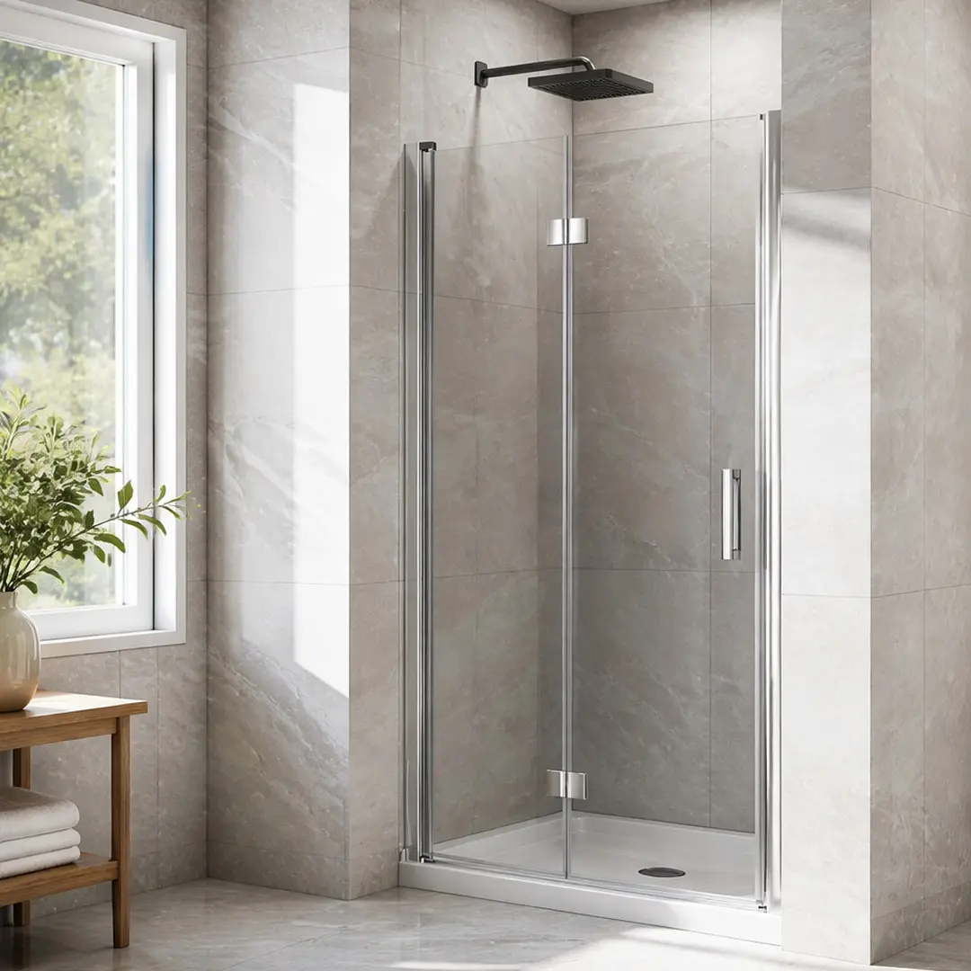 36 x 72 Inch Bifold Frameless Glass Shower Door, 1/4" Tempered Clear Glass, Pivot Swing Shower Panel, Chrome Finish, Adjustable Width, Modern Bathroom Enclosure, Left or Right Installation, Waterproof Seal Strips, Chrome Color Options