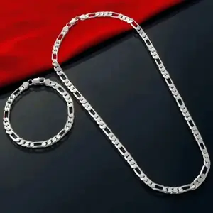 [925 Sterling] 2pcs SET 925 Sterling silver Bracelet Necklace jewelry set 4075cm 4mm chain for men Women lady Christma gift charms wedding