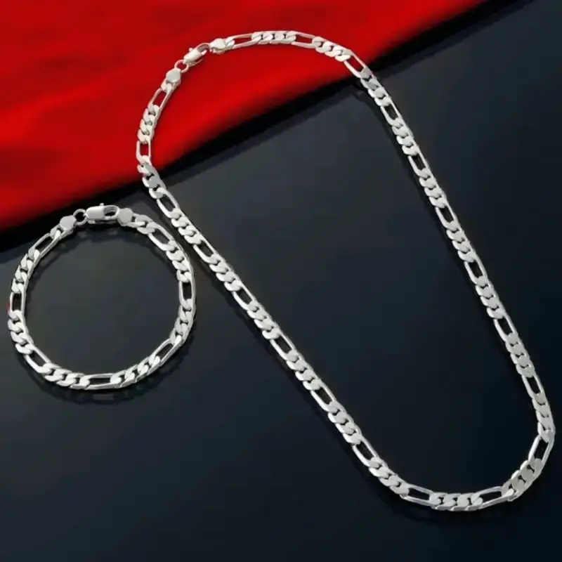 [925 Sterling] 2pcs SET 925 Sterling silver Bracelet Necklace jewelry set 4075cm 4mm chain for men Women lady Christma gift charms wedding, Unisex Jewelry Set