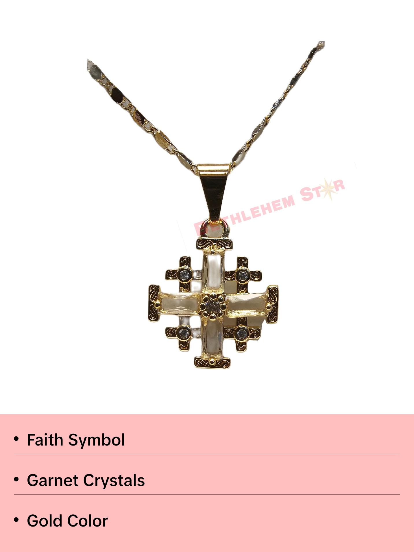 Gold Plated Jerusalem Cross Pendant clear Garnet Crystallized 20"Necklace